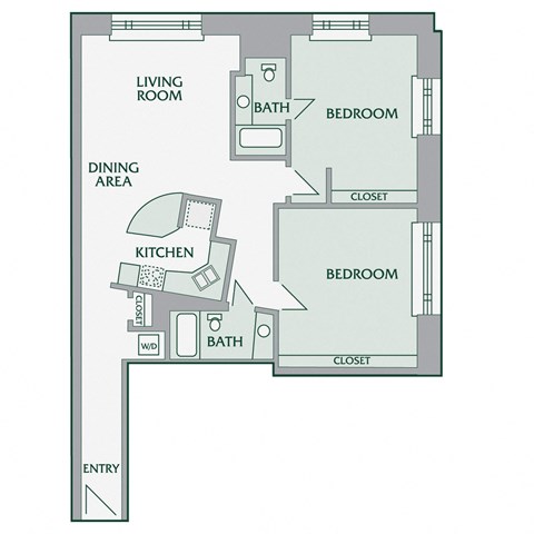 Floor plan for 2 beds, 2 baths, 1020 sqft